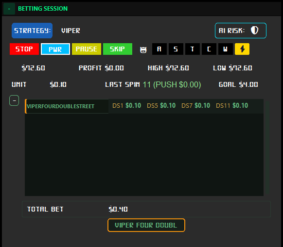 Betting Session panel showing bankroll, profit, last spin, and active strategies