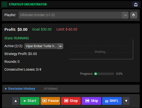 Strategy Orchestrator with a playlist of strategies and its decision history