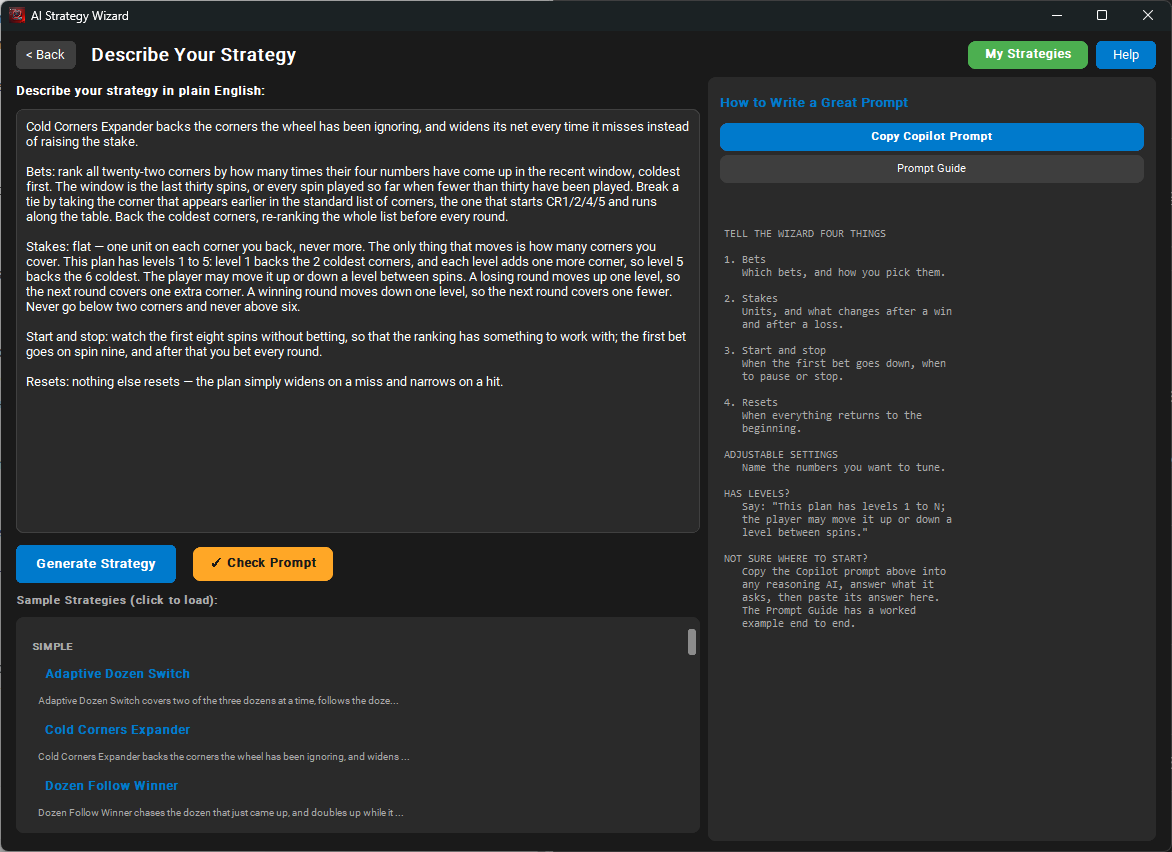 The AI Wizard's Describe Your Strategy screen, with a plain-English strategy in the prompt box and the Copy Copilot Prompt button in the guidance panel