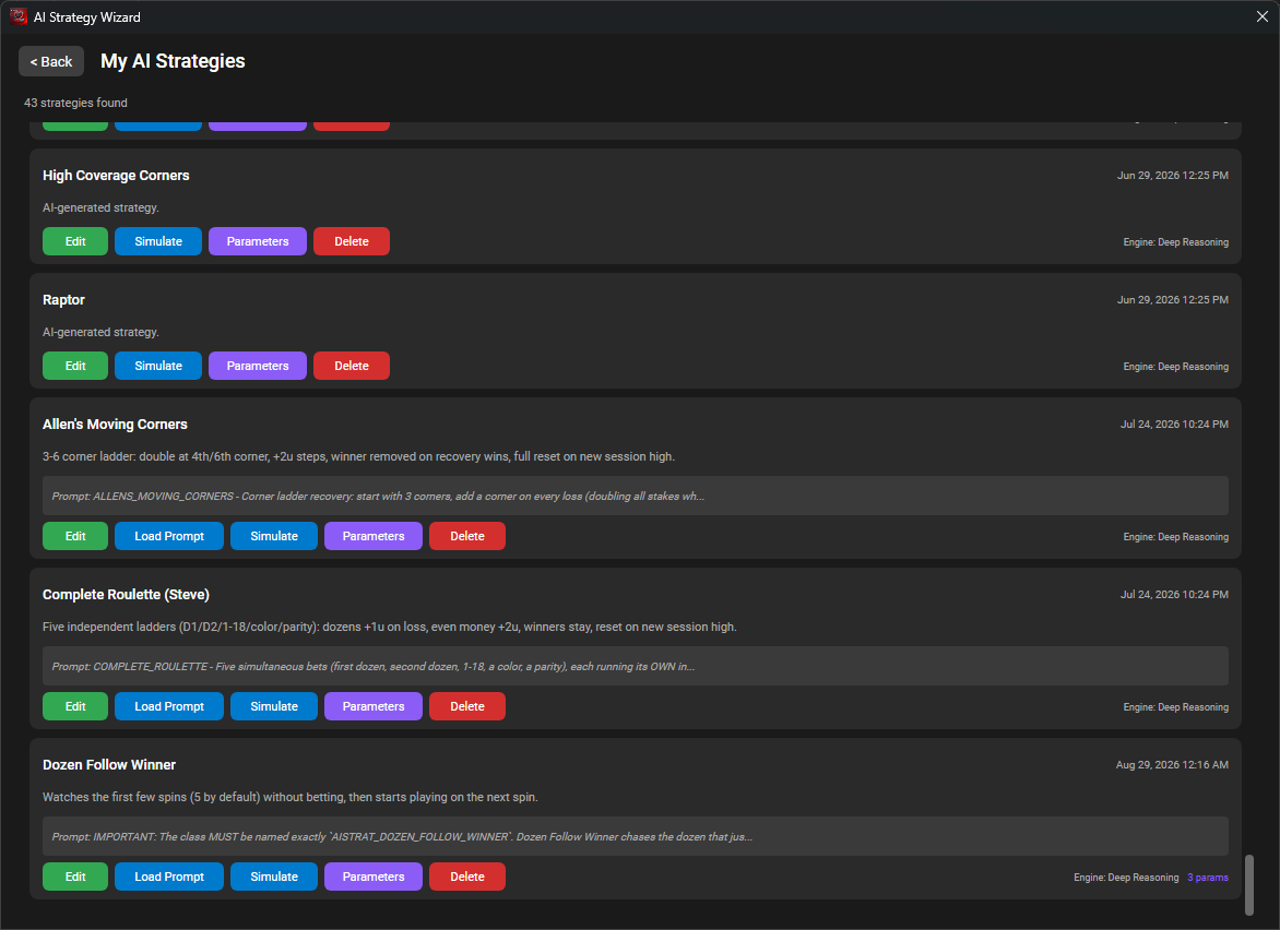 The My AI Strategies library, showing saved strategy cards with Edit, Load Prompt, Simulate, Parameters and Delete actions