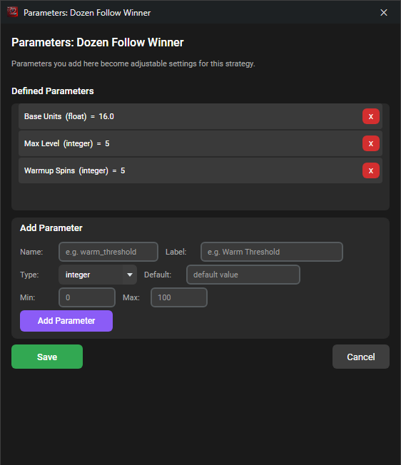 The parameter editor for a generated strategy, listing three defined parameters with their types and default values