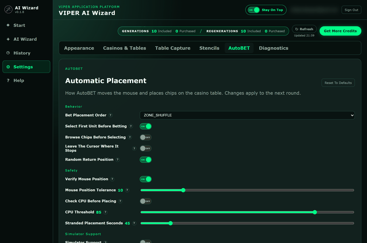 Settings, AutoBET, Automatic Placement, with placement order and safety checks