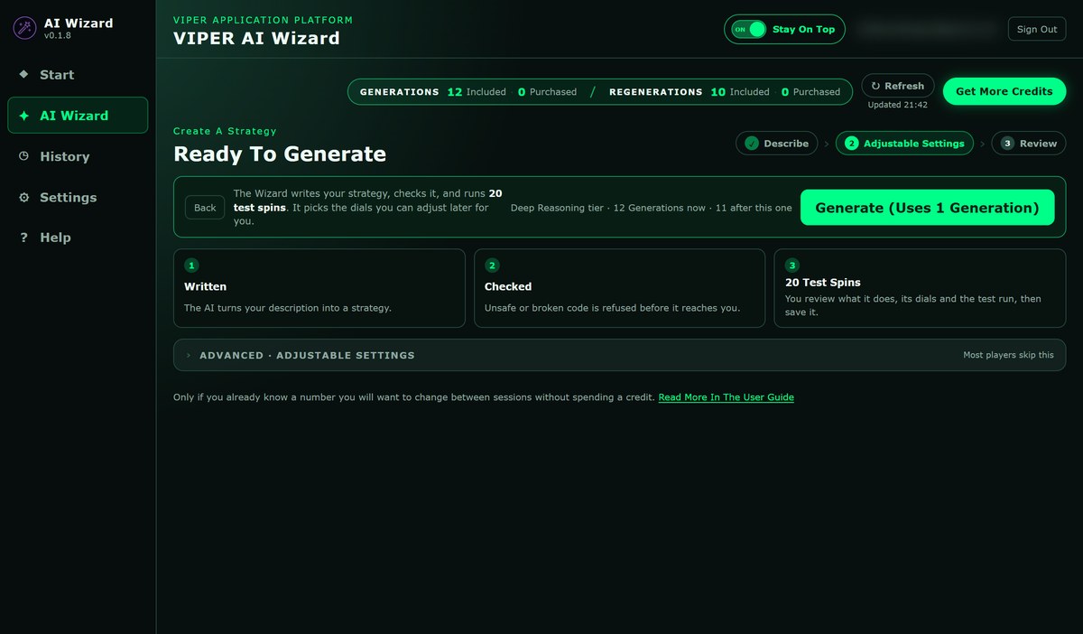 The Ready To Generate screen, with the Generate button and the three stages: written, checked and 20 test spins