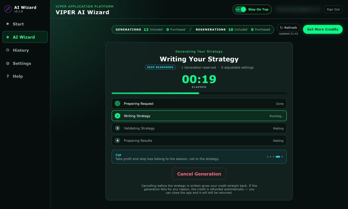The generation progress screen at 19 seconds, with Writing Strategy running