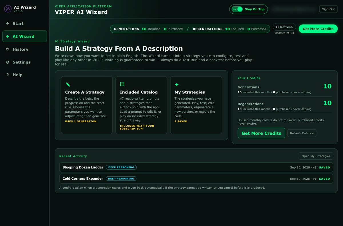 The AI Wizard home screen with the Create A Strategy, Included Catalog and My Strategies tiles and the credit balance