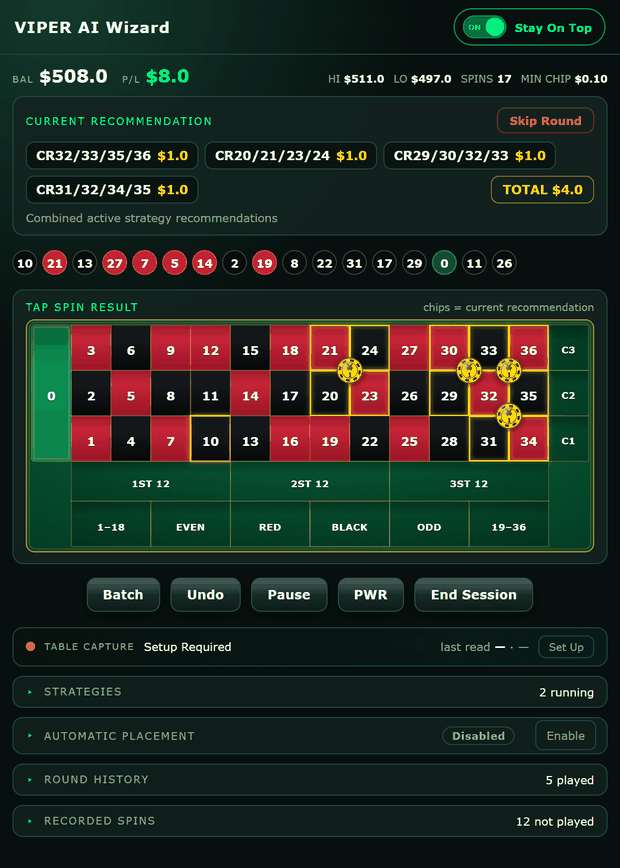 The compact live session: balance, the current recommendation, the spin history and chips drawn on the board