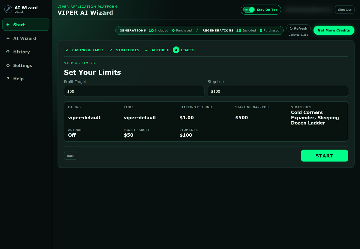 Begin Session step 4 with a $50 profit target and a $100 stop loss on a $500 bankroll