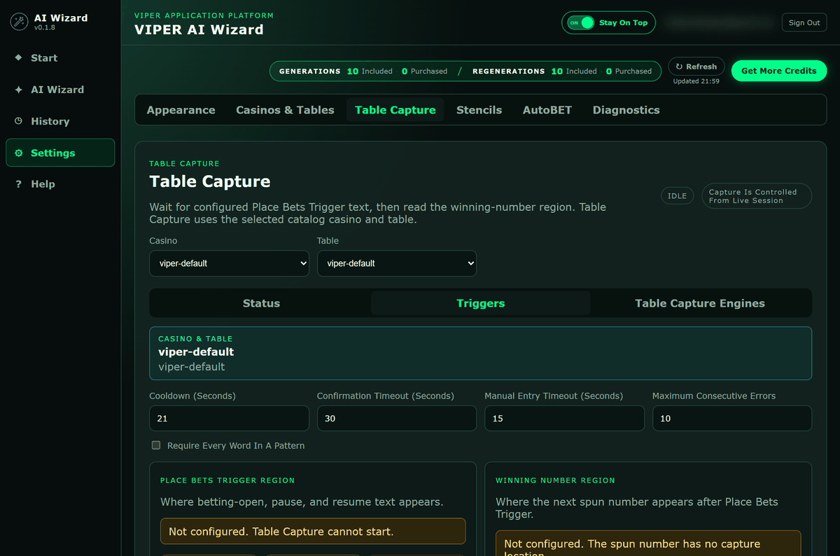 Settings, Table Capture, with the place-bets trigger and winning-number regions to be marked on screen