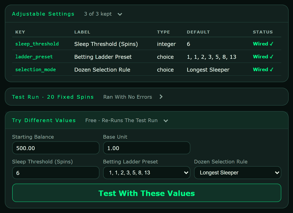 The Adjustable Settings table on the Review screen: sleep threshold, betting ladder preset and dozen selection rule, each marked Wired