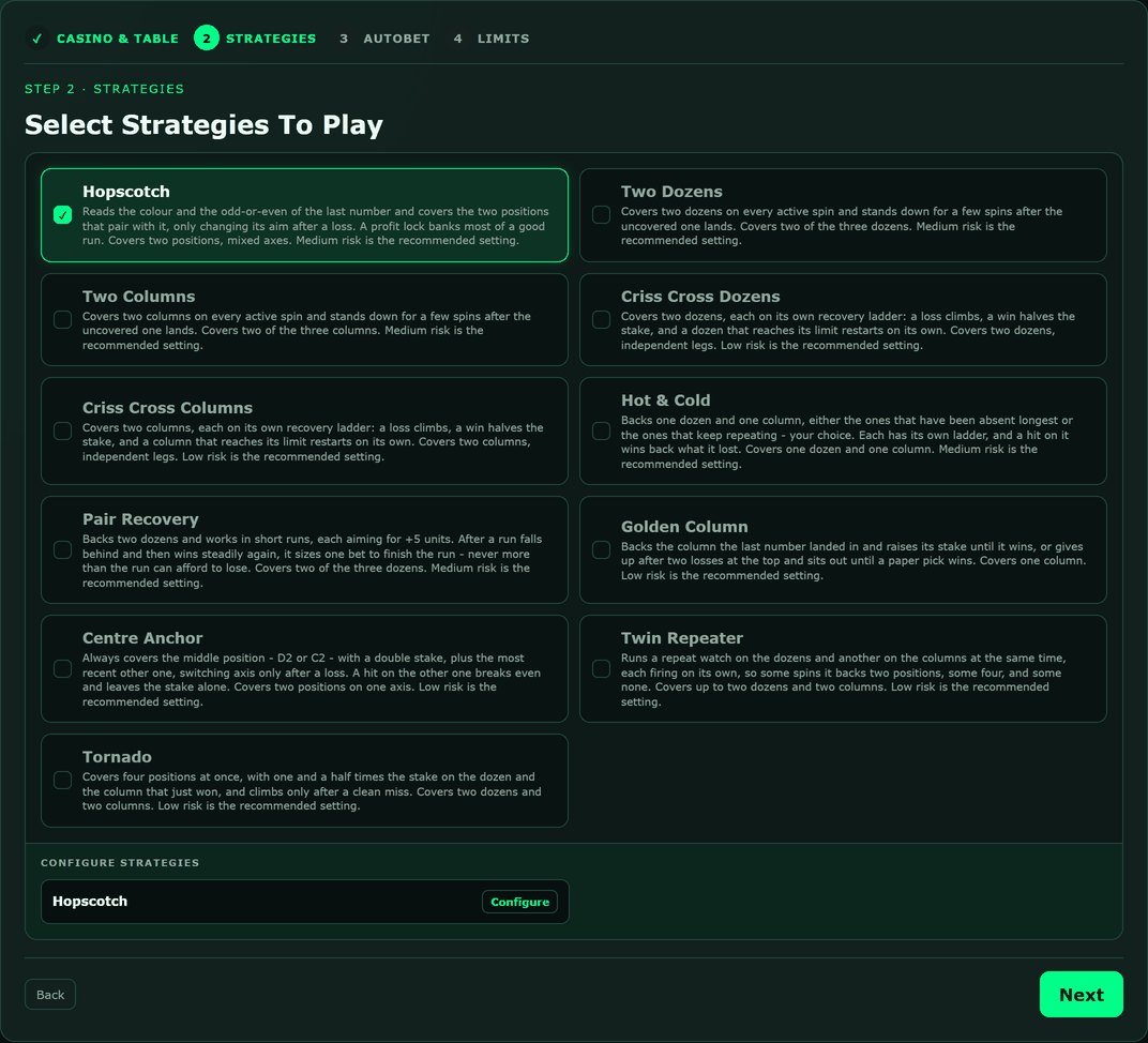 The Begin Session strategy step in Dozens & Columns Collection 1, listing all eleven plans with a one-line description of each: Hopscotch, Two Dozens, Two Columns, Criss Cross Dozens, Criss Cross Columns, Hot & Cold, Pair Recovery, Golden Column, Centre Anchor, Twin Repeater and Tornado