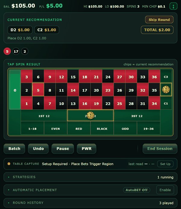 A Collection 1 session after three spins: balance $105.00, P/L +$5.00, a current recommendation of D2 $1.00 and C2 $1.00, the recent numbers 5, 17 and 2, and the betting board with the two chips drawn on the second dozen and second column