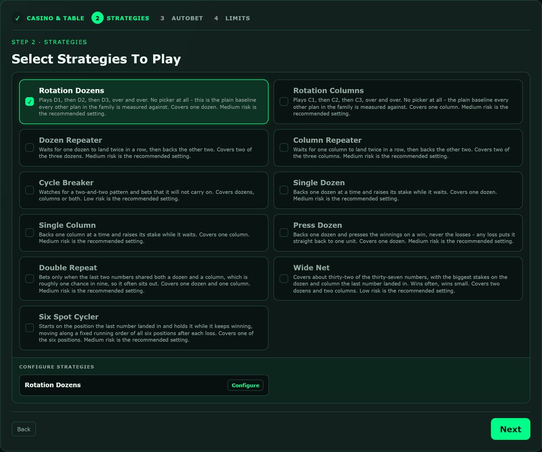 The Begin Session strategy step in Dozens & Columns Collection 2, listing all eleven plans: Rotation Dozens, Rotation Columns, Dozen Repeater, Column Repeater, Cycle Breaker, Single Dozen, Single Column, Press Dozen, Double Repeat, Wide Net and Six Spot Cycler