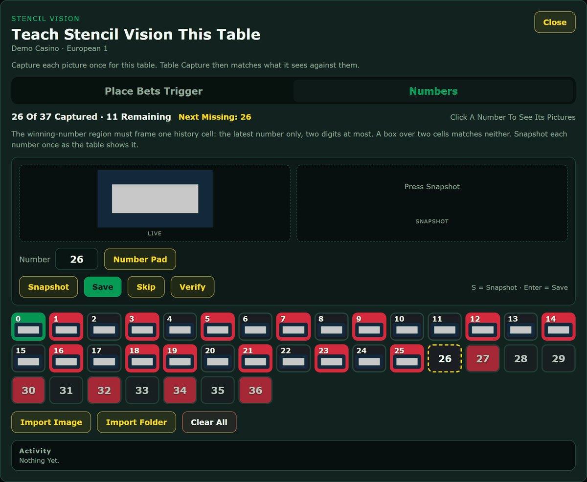 The Stencil Vision screen teaching the app a table's numbers: 26 of 37 captured, a live view of the winning-number region, Snapshot, Save, Skip and Verify buttons, and a grid of all 37 numbers with the captured ones filled in