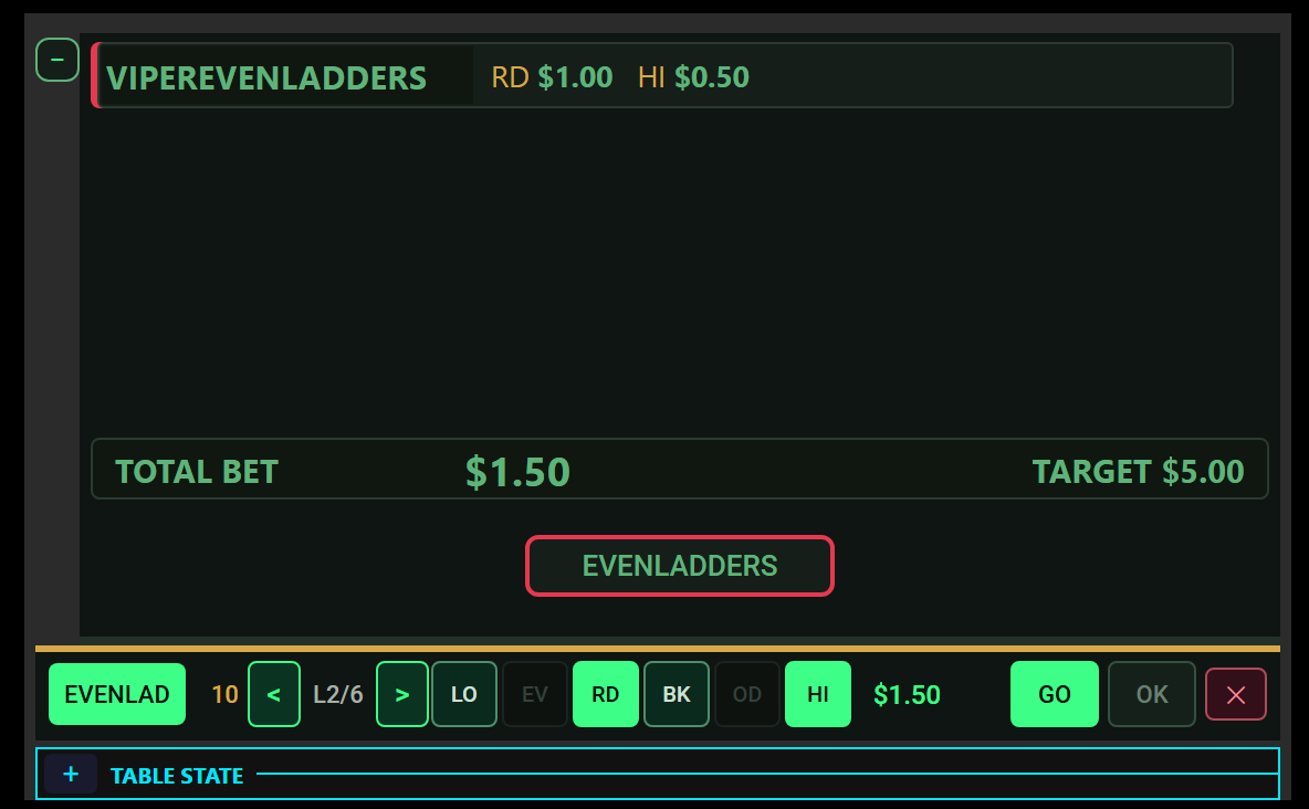 The same bar after stepping down: ten seconds on a refreshed clock, level 2 of 6, bets reduced to $1.00 and $0.50, total $1.50