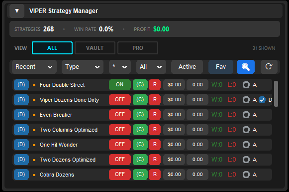 The VIPER Strategy Manager, showing strategy rows with a Dynamic Play checkbox ticked on one of them