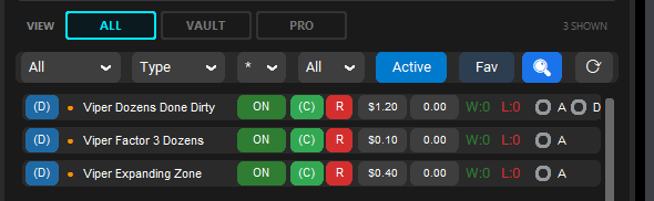 The Strategy Manager with Dozens Done Dirty, Factor 3 Dozens and Expanding Zone switched on, their base-unit buttons reading $1.20, $0.10 and $0.40